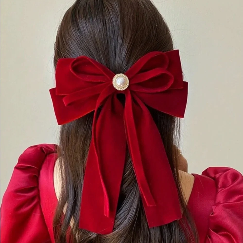 1pc Large Hair Bow With Ribbon Streamers For Women, Red Spring Clip,